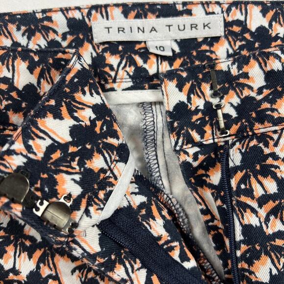 Trina Turk Cotton Flat Front Palm Tree Ankle Pants Navy/Peach/White Size 10 - Picture 4 of 9